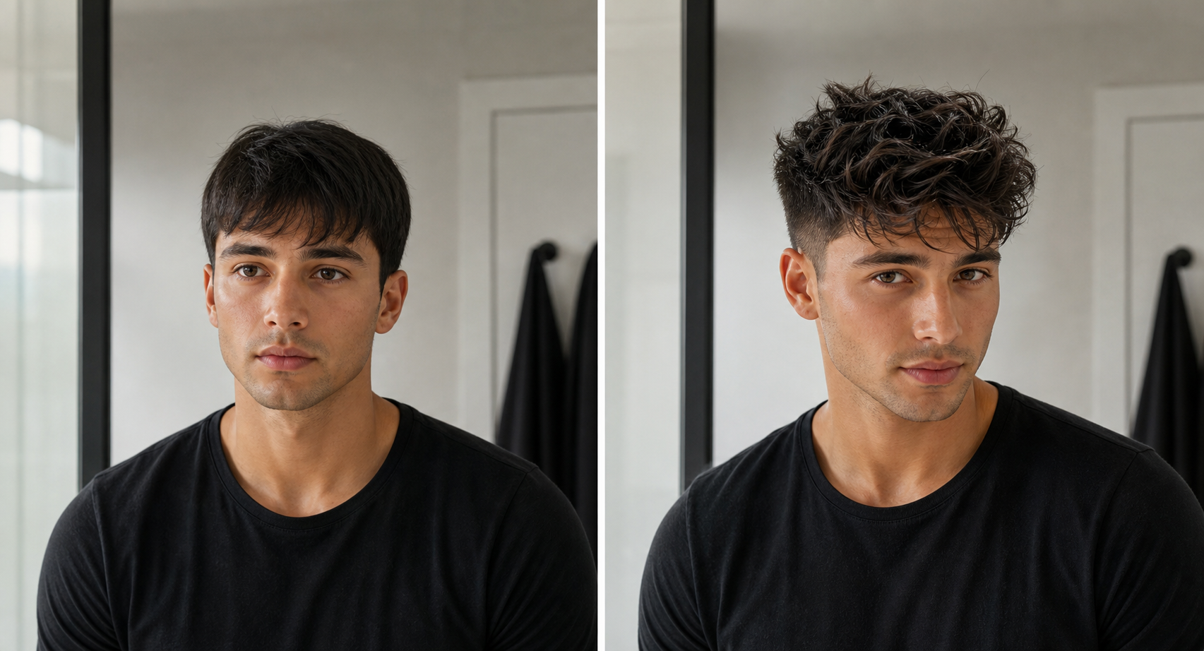 Before and after men's flat hair transformed into textured volume