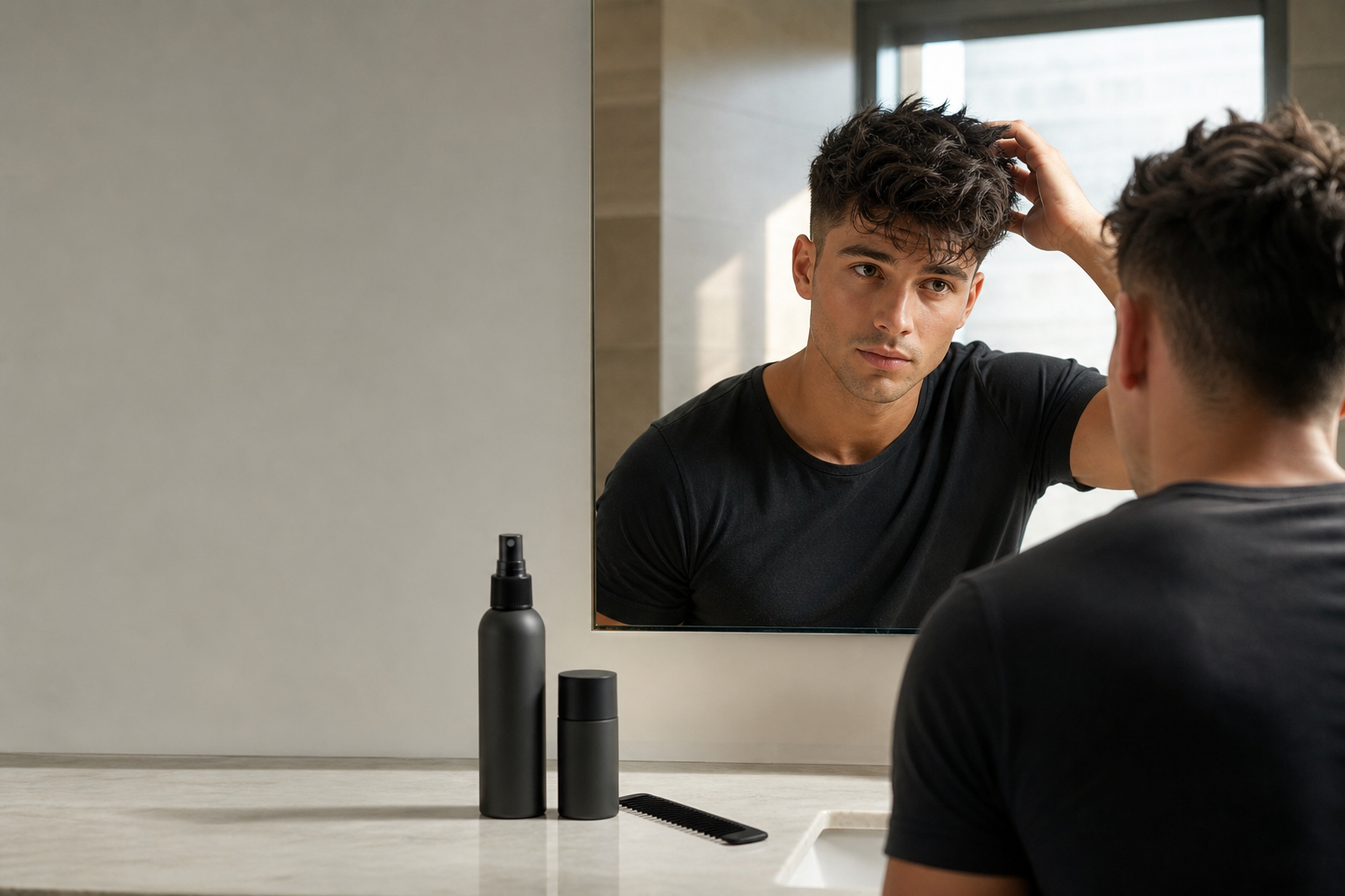 Man styling textured hair with matte hair products on a bathroom counter